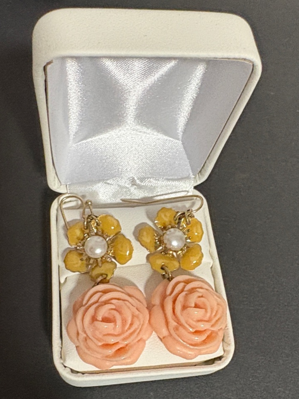 Peach Rose and Yellow Flower Pierced Drop Earrings - Women Jewelry